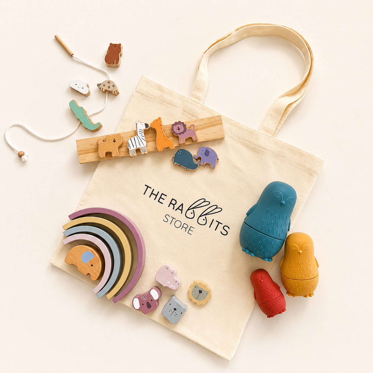 Set de regalo con juguetes Montessori 3-5 años | Arcoíris de Madera, Animales de Equilibrio y Matrioshkas de Silicona