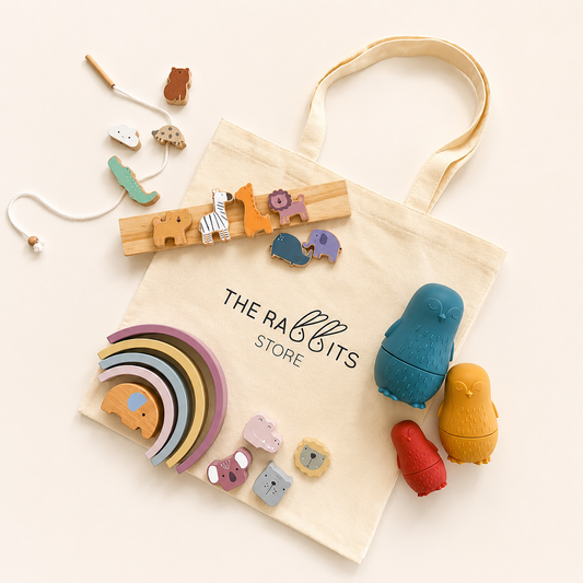 Set de regalo con juguetes Montessori 3-5 años | Arcoíris de Madera, Animales de Equilibrio y Matrioshkas de Silicona
