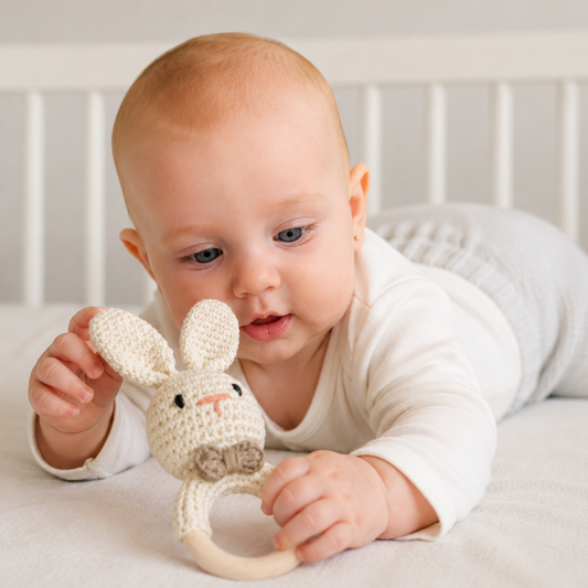 Set de bebé primeros juguetes – Conejito de Crochet y Madera - Recién Nacido