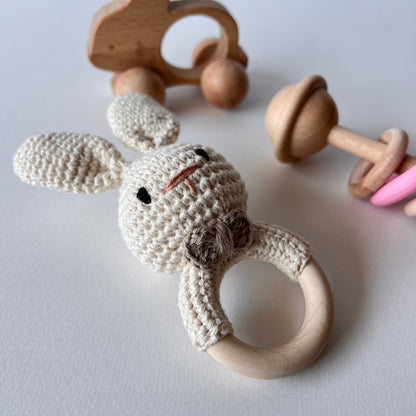 Set de bebé primeros juguetes – Conejito de Crochet y Madera - Recién Nacido