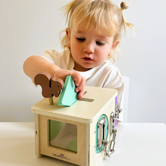 Caja de permanencia y cerraduras Montessori para bebés a partir de 18 meses - Madera y Metal - Motricidad fina