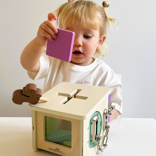 Caja de permanencia y cerraduras Montessori para bebés a partir de 18 meses - Madera y Metal - Motricidad fina